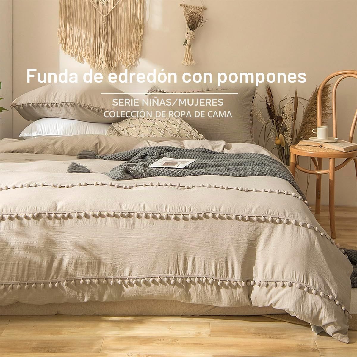 Conjunto de capa nórdica 135 x 200 cm, taupe conjunto de roupa de cama boho com franjas, pompom boémio em microfibra, macia com fronha de almofada e fecho de correr (Taupe, 135 x 200