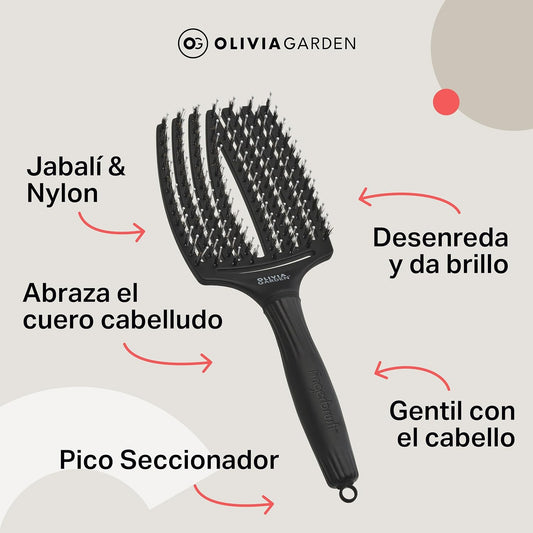 Olivia Garden - Fingerbrush Combo Large - Escova de Cabelo Longo - Anti-puxões para Cabelo Seco e Desembaraçado - Cerdas de Javali e Nylon para um Brilho Natural - Cabelo Fino, Médio e Grosso - Preto