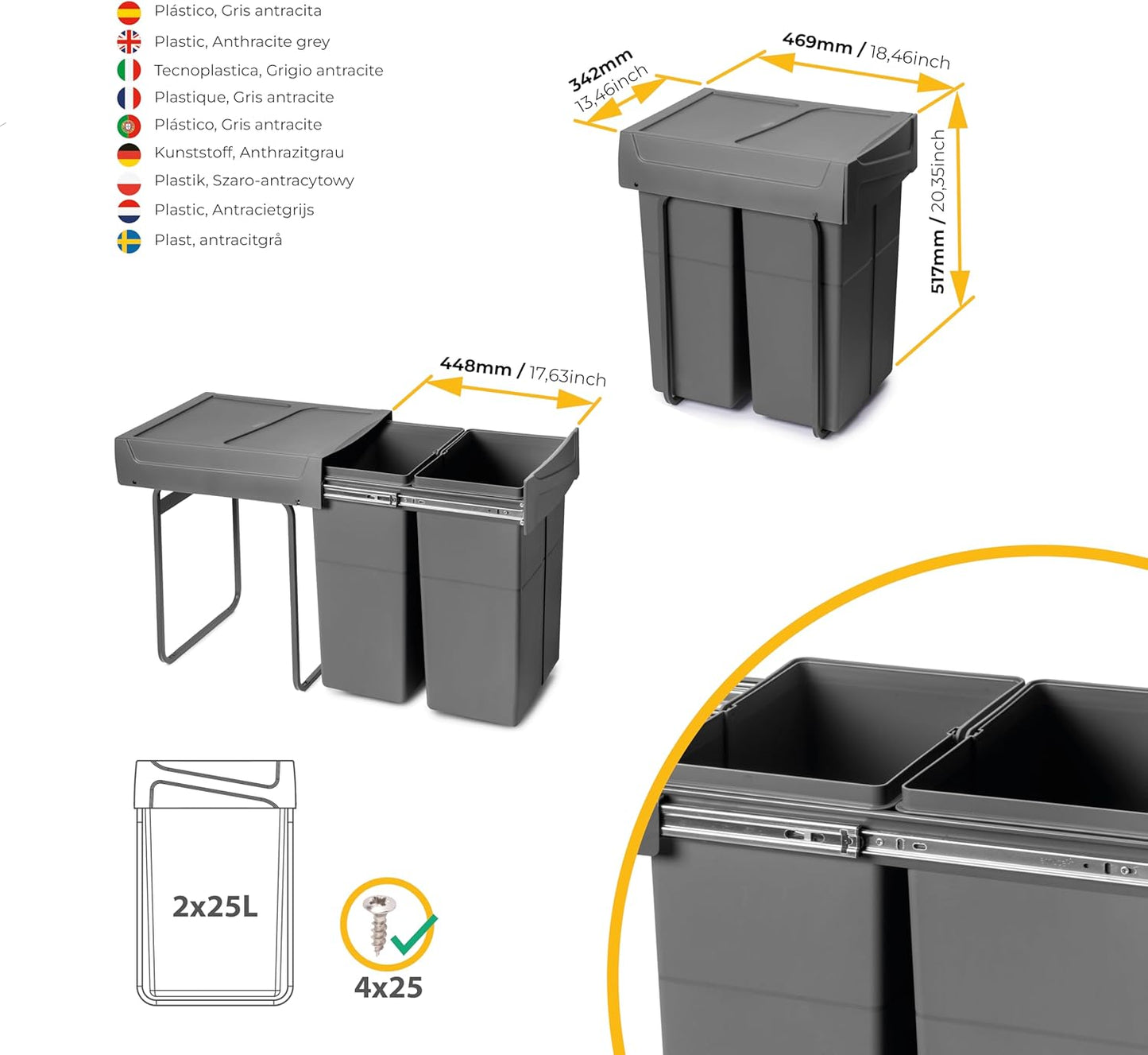 EMUCA - Recipiente de reciclagem para móvel de cozinha