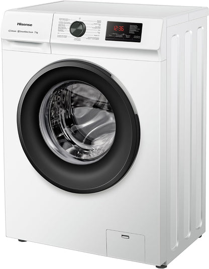 Hisense WFVB7012EM Máquina de lavar a vapor, carregamento frontal de 7 kg, 1200 rpm, 15 programas, controlo inteligente de oscilação de bateria, Display LED, programa rápido, branco [Classe energética D]