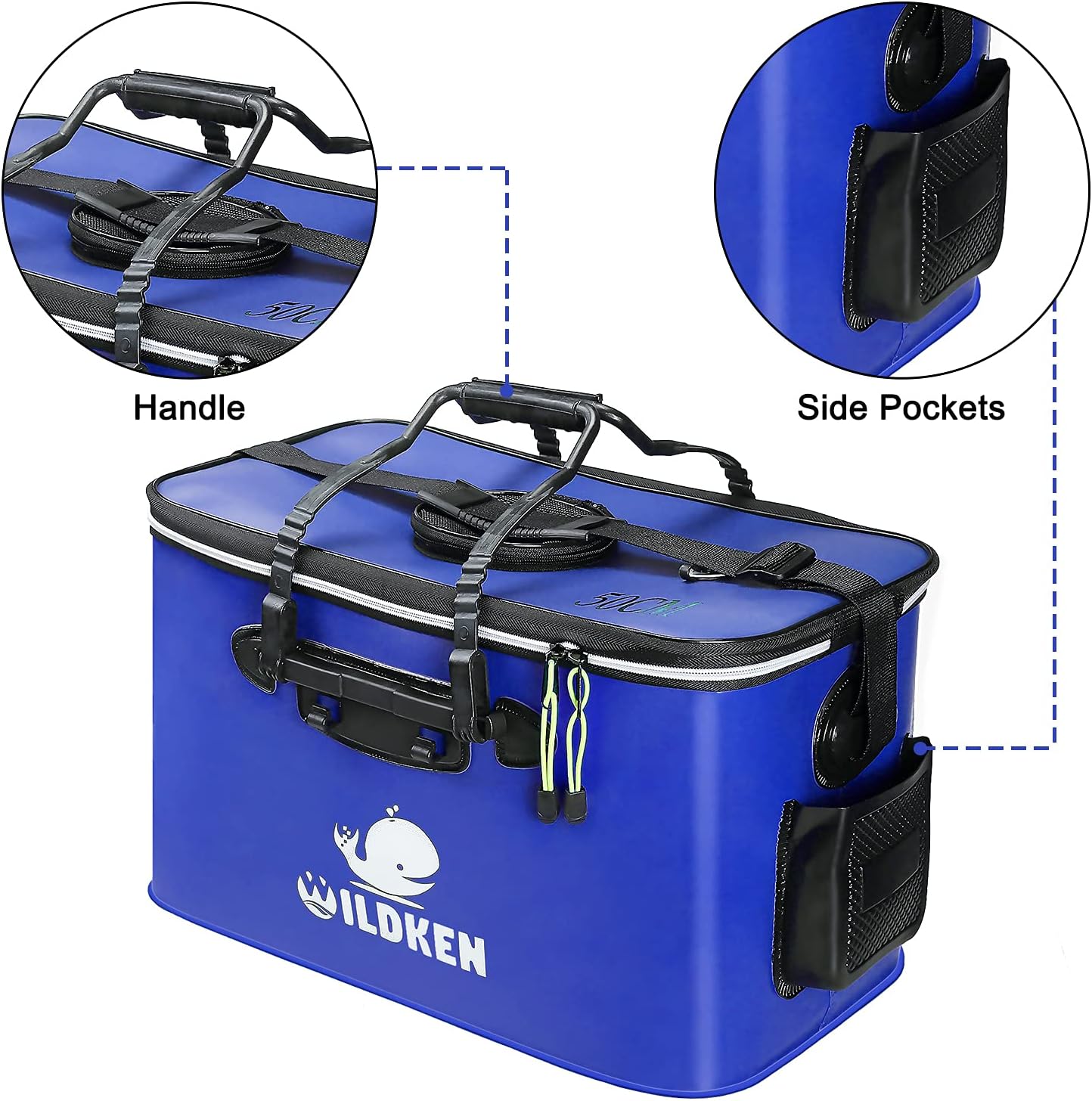 Wildken – Saco de Pesca Portátil em EVA, Balde de Água para Pesca, Viveiro Dobrável para Peixe Vivo, Recipiente/Depósito de Água Dobrável para Viagens, Caminhadas e Pesca – 50 cm / Azul