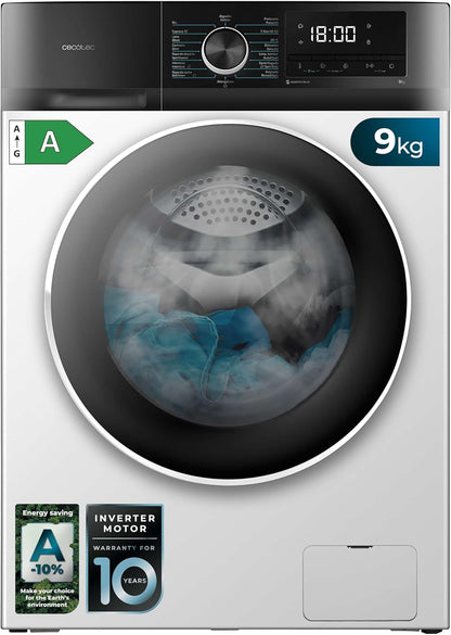Cecotec Máquina de Lavar 9Kg Carregamento Frontal Bolero Dresscode 9500 Inverter A. 1900W, 1400 rpm, Motor Inverter Plus, Baixo Consumo, 16 Programas, SteamMax, Início Diferido, Branco [Classe energética A]