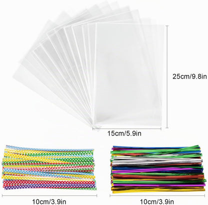 200 sacos de celofane, 25 x 15 cm, sacos transparentes para encher, sacos transparentes com 200 fitas metálicas para doces, biscoitos, pão, frutas, etc. Perfeito para festas de presente