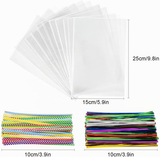 200 sacos de celofane, 25 x 15 cm, sacos transparentes para encher, sacos transparentes com 200 fitas metálicas para doces, biscoitos, pão, frutas, etc. Perfeito para festas de presente