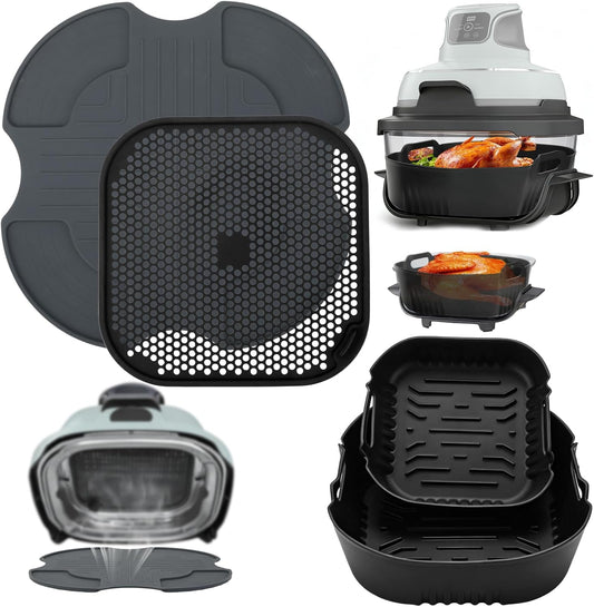 VINATO Conjunto de acessórios para Ninja Crispi, 4 peças acessórios para Fryer Air, com lâminas de silicone (3,8 L & 1,4 L), tampa anti-gordura e base protetora, compatível com FN101 2 Láminas, Tapa Antigrasa, Base Protectora, Para Cestas 3.8L Y 1.4