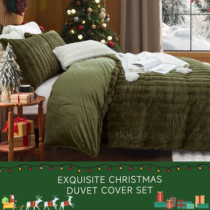 Roupa de cama de pelúcia de 155 x 220 cm, cor verde escuro, macia, de pelo comprido, de inverno, quente e aconchegante, flanela polar, toque de caxemira, capa nórdica com fecho de correr e 1 capa de