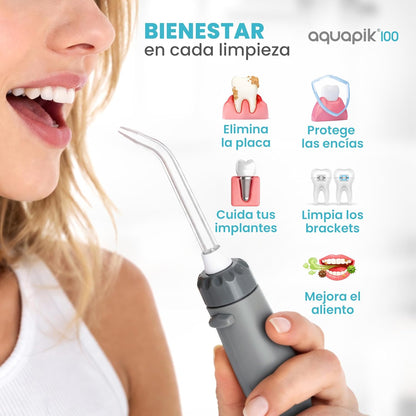Irrigador dental de mesa Aquapik 100® – Limpeza bucal profunda com 10 níveis de pressão, 9 boquilhas, depósito de 600 ml, ideal para gengivas sensíveis, ortodontia, pontes e implantes. (Cinza)