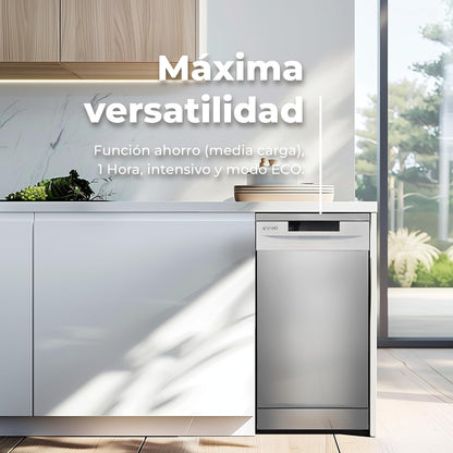 EVVO Máquina de lavar louças estreita, largura 45 cm, capacidade para 9 talheres, programa rápido 30 minutos, programa médio carregamento, bandeja superior ajustável, 5 programas, modelo D1 Slim [Classe energética E