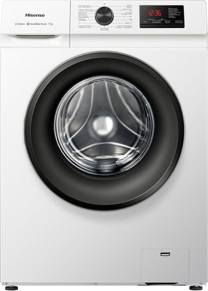 Hisense WFVB7012EM Máquina de lavar a vapor, carregamento frontal de 7 kg, 1200 rpm, 15 programas, controlo inteligente de oscilação de bateria, Display LED, programa rápido, branco [Classe energética D]
