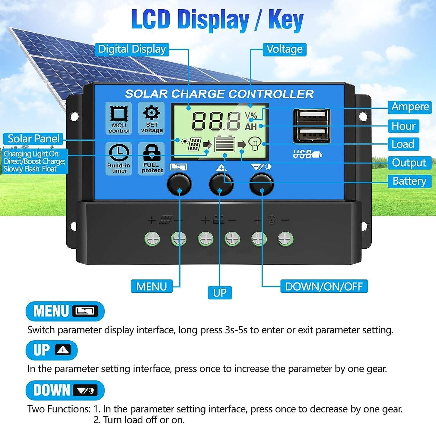 Controlador de carregamento solar PWM de 30A [Atualizado], regulador de placa solar de 12V/24V com ecrã LCD ajustável, porta USB dupla, configuração do temporizador, parâmetro automático
