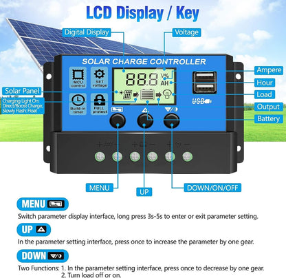Controlador de carregamento solar PWM de 30A [Atualizado], regulador de placa solar de 12V/24V com ecrã LCD ajustável, porta USB dupla, configuração do temporizador, parâmetro automático