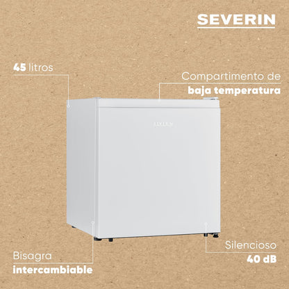 SEVERIN Mini frigorífico com compartimento de baixa temperatura, frigorífico pequeno com faixa de temperatura 8-0 °C, mini frigorífico de baixo consumo, 40 dB (A), 45 litros, branco, KB 8884 [Classe energética E]