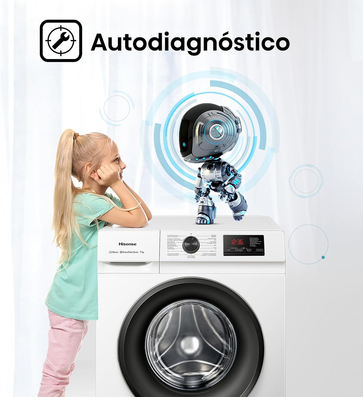 Hisense WFVB7012EM Máquina de lavar a vapor, carregamento frontal de 7 kg, 1200 rpm, 15 programas, controlo inteligente de oscilação de bateria, Display LED, programa rápido, branco [Classe energética D]