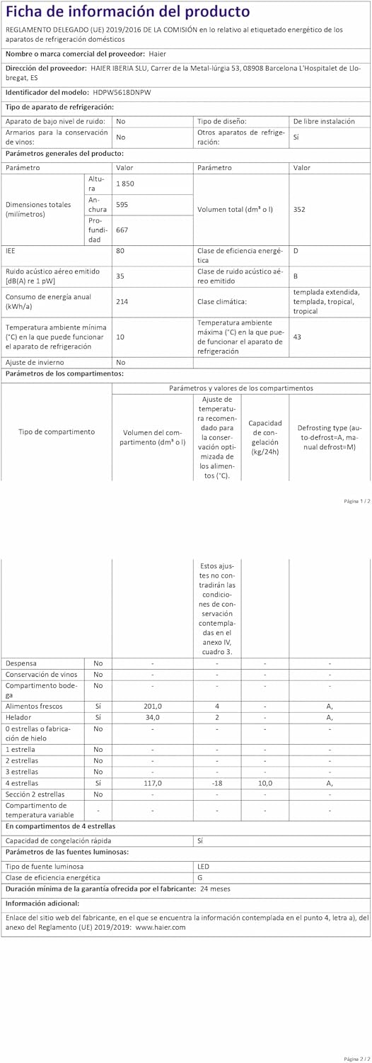 Haier 2D 60 Series 5 Pro HDPW5618DNPW - Frigorífico Combinado, WIFI, Funções Inteligentes, 352L, My Zone, Gaveta Zone de Humidade, Total No Frost, Largura 59,5cm, Motor Inverter, Luz LED, Branco [Classe energética D]