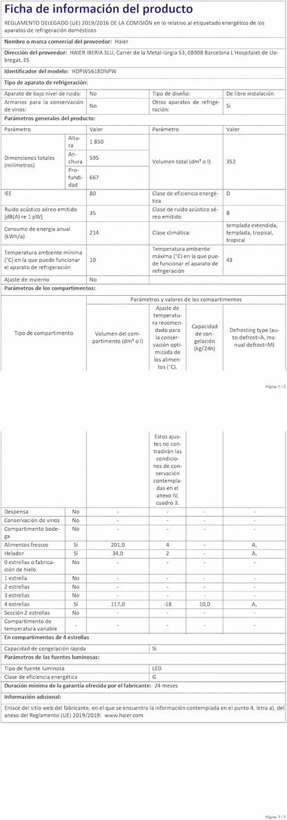 Haier 2D 60 Series 5 Pro HDPW5618DNPW - Frigorífico Combinado, WIFI, Funções Inteligentes, 352L, My Zone, Gaveta Zone de Humidade, Total No Frost, Largura 59,5cm, Motor Inverter, Luz LED, Branco [Classe energética D]