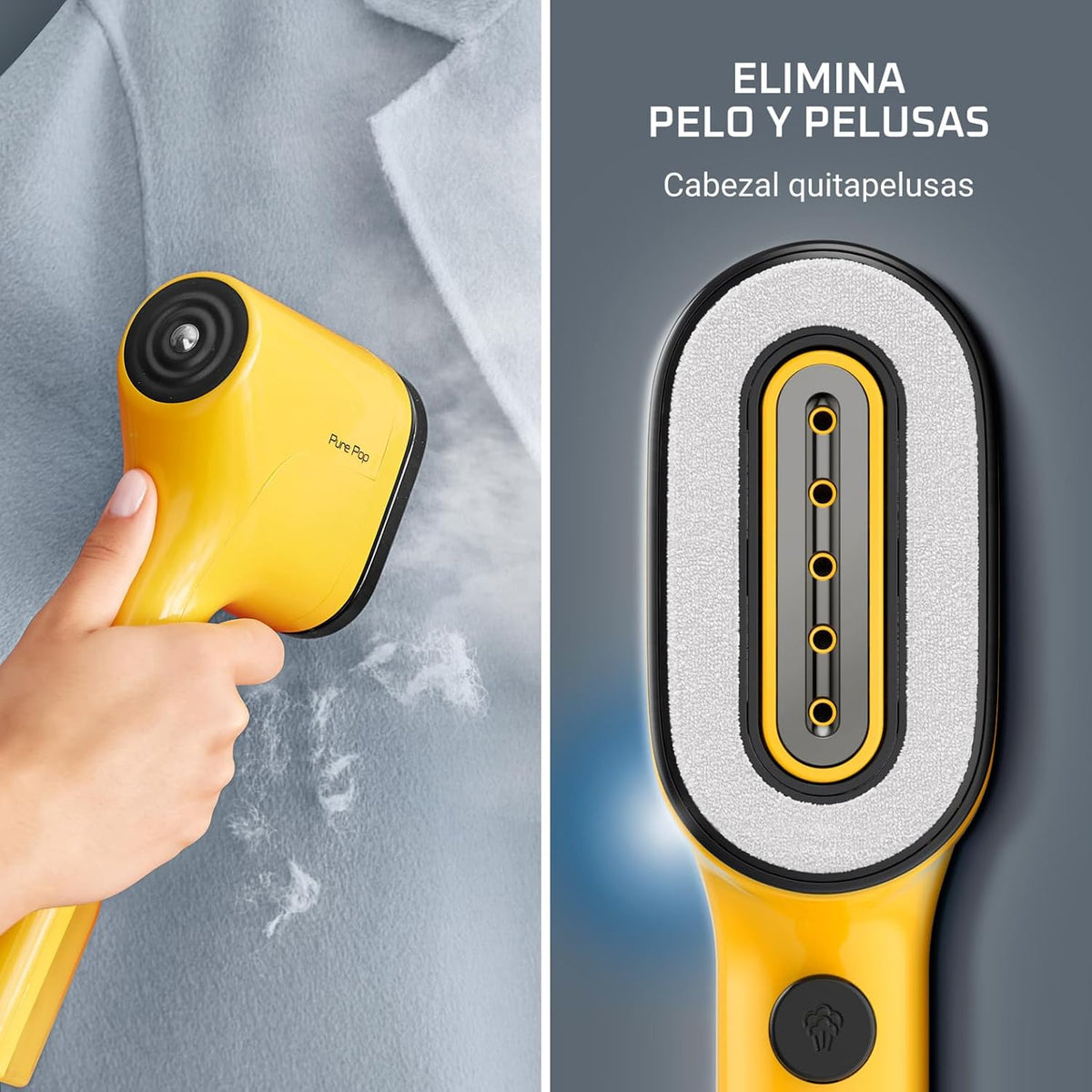 Rowenta Pure Pop - Ferro a vapor de 1300 W com saída de vapor de até 20 g/min que plancha e purifica, elimina pêlos e pelos, cabeças reversíveis, design para viagem, cor amarelo, DR2026