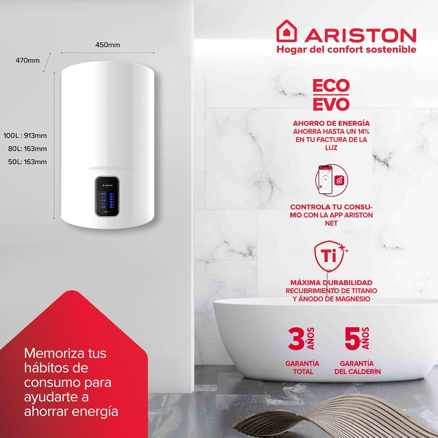 Ariston, Lydos Wifi - Termo elétrico 80 litros vertical, aquecedor de água elétrico com ECO-EVO 47 x 45 x 75,8 cm,