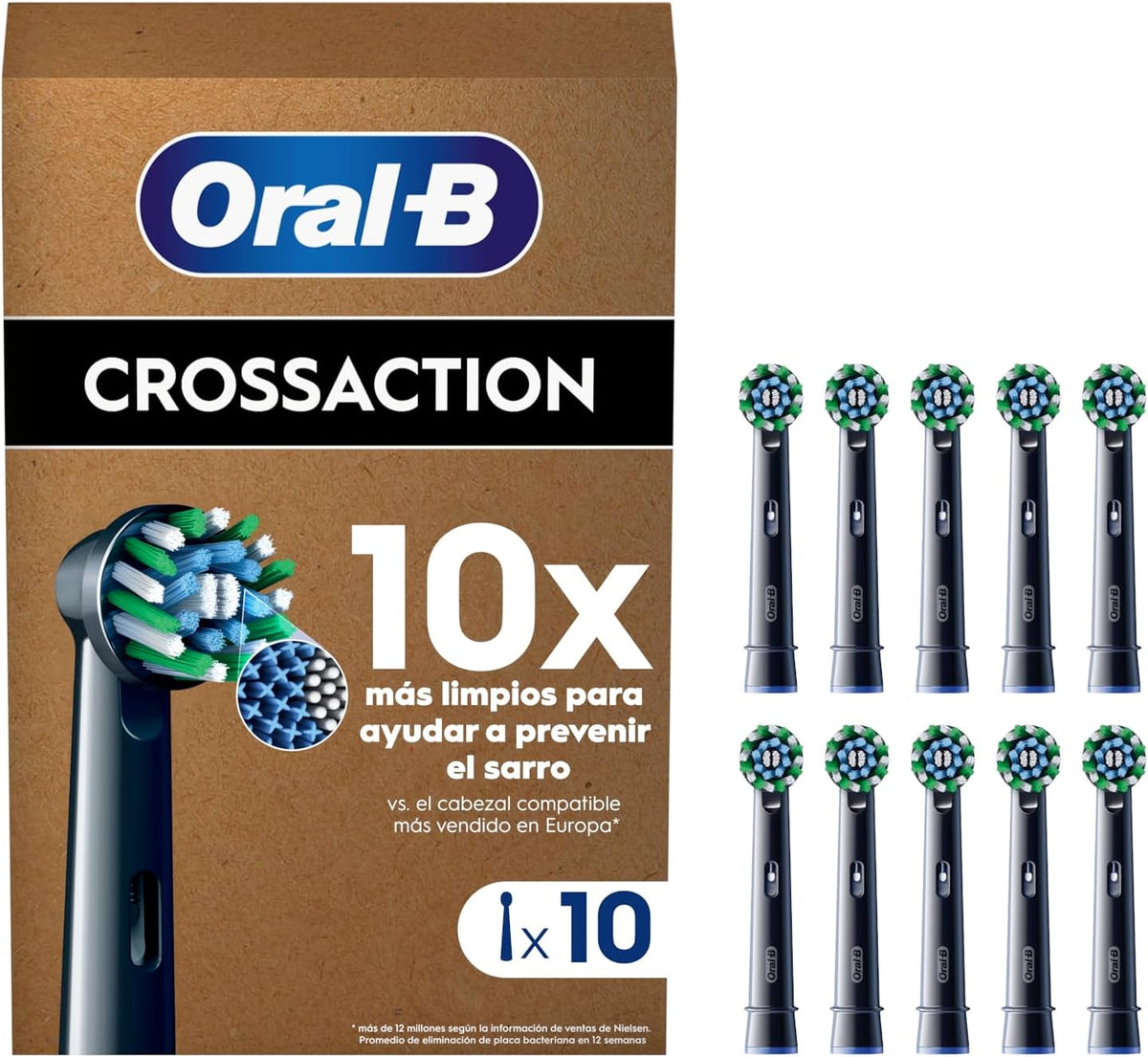 Oral-B Pro CrossAction Cabeças de Substituição ORIGINAIS para Escova de Dentes Elétrica Oral B Pro, Pack de 10 Reposições Com Indicador de Uso, Preto (Tamanho Buzón)