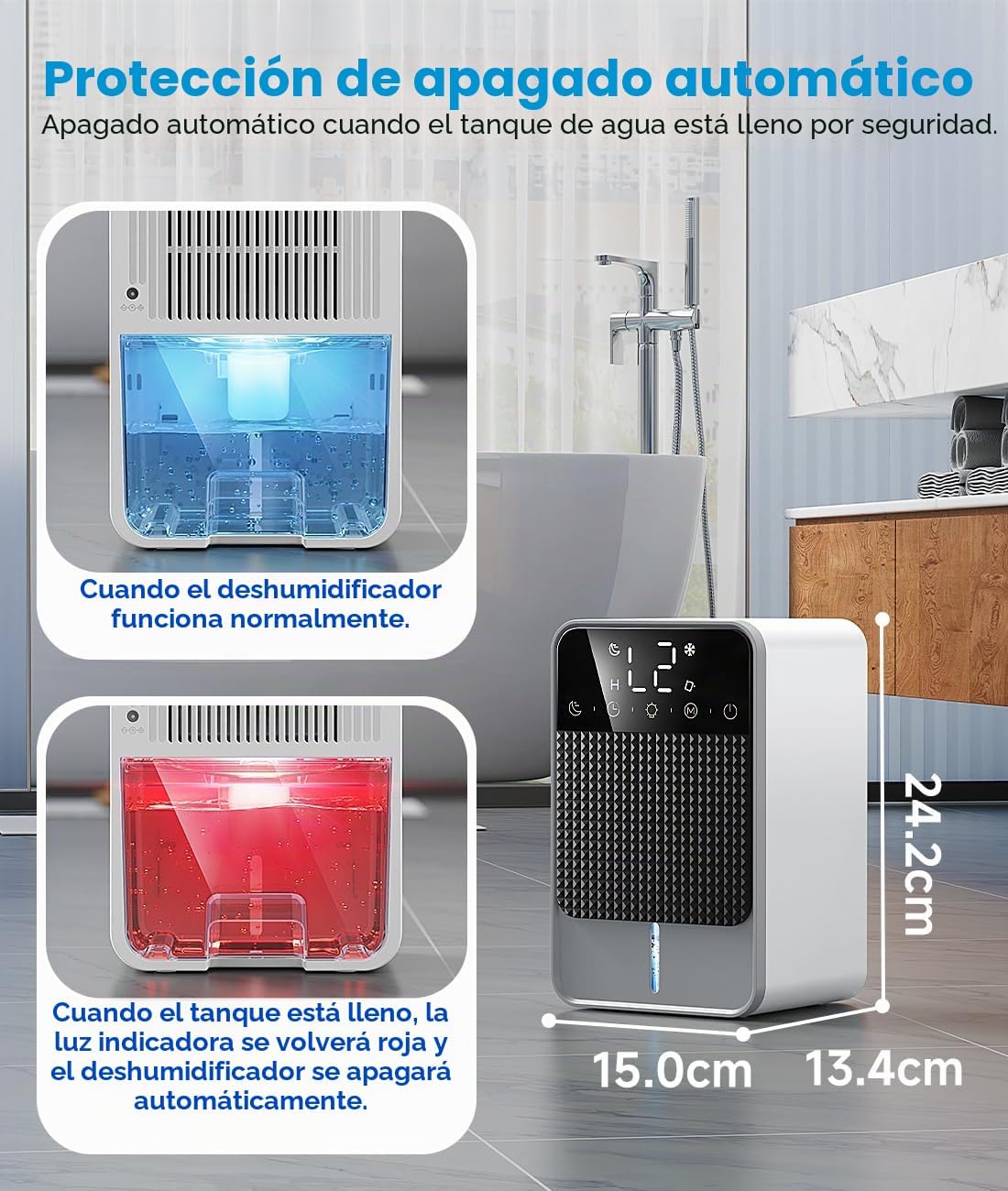 Deshumidificador elétrico automático de 1800 ml função de descongelação, temporizador de 2 a 12 horas modo de descanso ecrã LED de 7 cores adequado para quartos, casas de banho e armários (660 ml/24 H