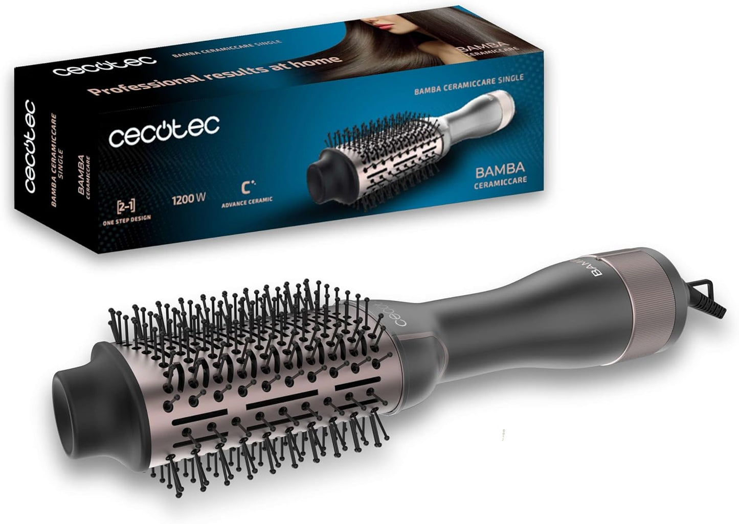 Cecotec Escova de Ar Bamba CeramicCare Single, 1200W, Cinza, Design One Step, 2 em 1,