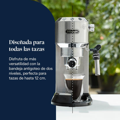 (recondicionado)De'Longhi Dedica - Cafeteira de Bomba de Aço Inoxidável para Café Moído ou Monodose, Cafeteira para Espresso e Cappuccino, Depósito de 1,3 Litros, Sistema Anti-gotejamento, EC685.M, Metal [Classe energética A]
