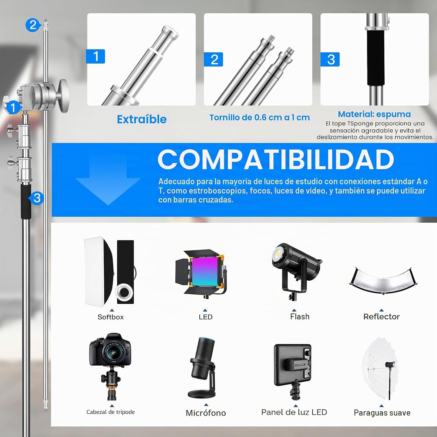 Soonpho Suporte C em aço inoxidável resistente de 3 m com tripé de 330 cm e braço de fixação de 130 cm