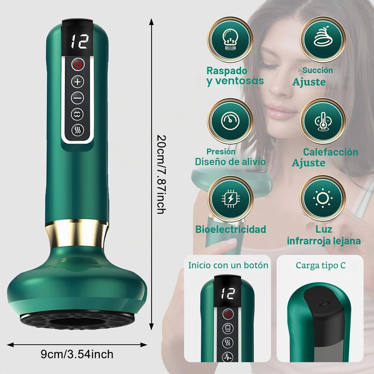 Dispositivo de ventosa elástica, massajador anti-celulite para pernas/abdômen/braços, dispositivo anti-celulítico, equipamento de drenagem linfática com 12 programas e 4 modos (verde)