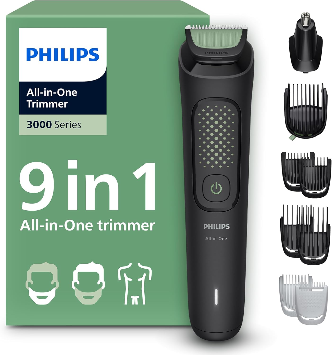 Philips Recortador Tudo em Um Série 3000, Kit 9 em 1, Aparador e Cortador de Cabelo Masculino para Rosto, Cabelo e Corpo, Barba, Lâminas Autoafiáveis Suaves com a Pele, 12 comprimentos, MG3946/15