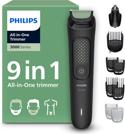 Philips Recortador Tudo em Um Série 3000, Kit 9 em 1, Aparador e Cortador de Cabelo Masculino para Rosto, Cabelo e Corpo, Barba, Lâminas Autoafiáveis Suaves com a Pele, 12 comprimentos, MG3946/15