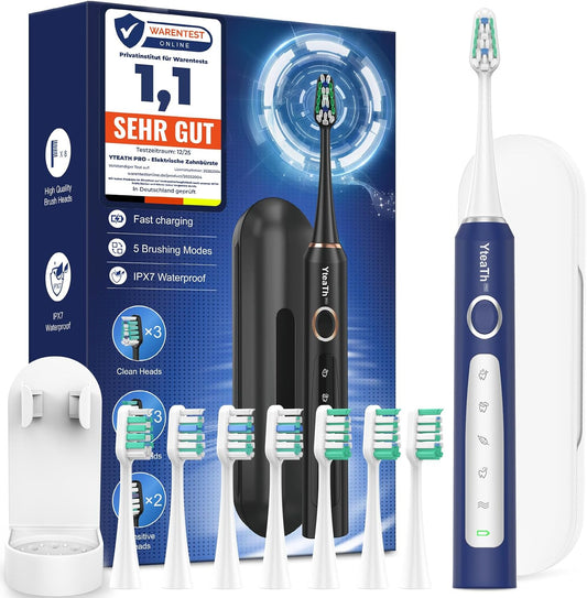 Escova de Dentes Elétrica Sônica para Homens - Escova Elétrica Sônica Adultos com 8 Cabeças e Estojo de Viagem, 5 Modos, IPX7 Impermeável, Escova de Dentes Elétrica de Viagem Recarregável, Azul