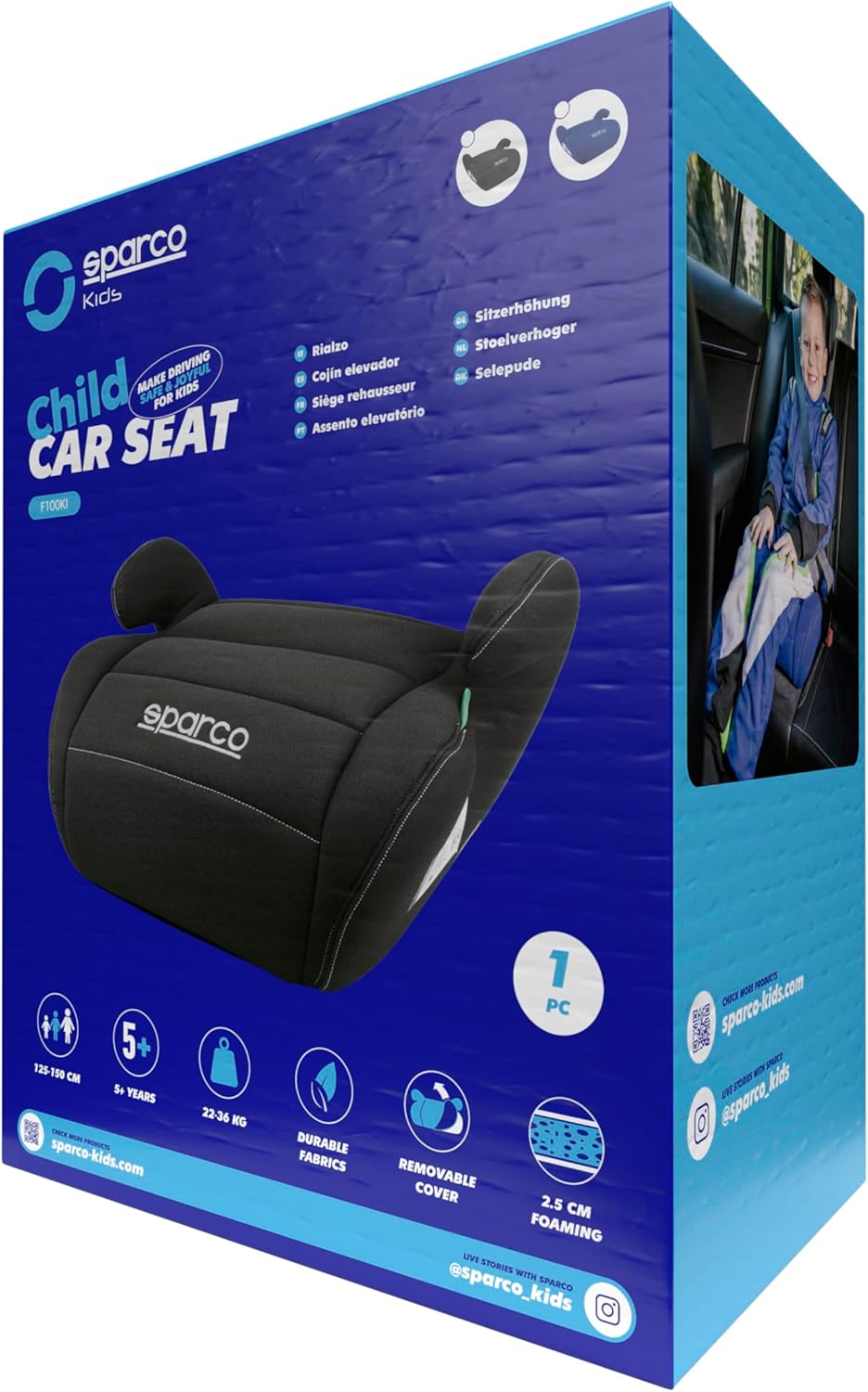 Sparco Elevador infantil de assento de carro preto i-Size para meninos e meninas.
