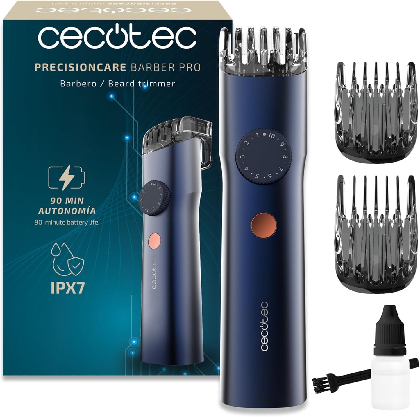 Cecotec Máquina de Cortar Barba com Lâminas Japonesas PrecisionCare Barber Pro. Aço Inoxidável, Pentes Ajustáveis (0,5-20mm) com Roda de Precisão, Autonomia 90min, IPX7, Ecrã