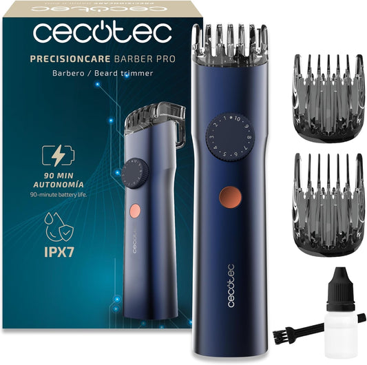 Cecotec Máquina de Cortar Barba com Lâminas Japonesas PrecisionCare Barber Pro. Aço Inoxidável, Pentes Ajustáveis (0,5-20mm) com Roda de Precisão, Autonomia 90min, IPX7, Ecrã