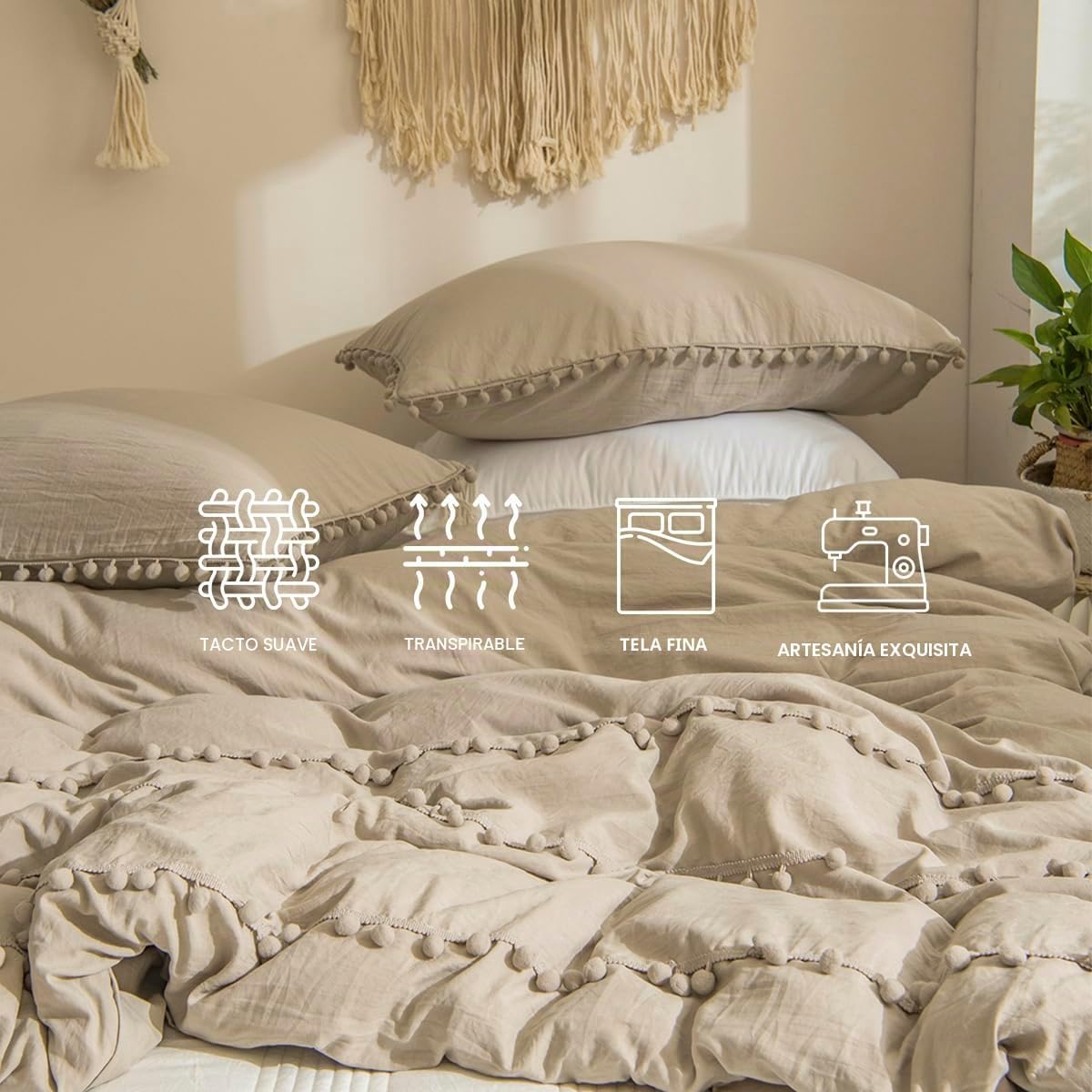 Conjunto de capa nórdica 135 x 200 cm, taupe conjunto de roupa de cama boho com franjas, pompom boémio em microfibra, macia com fronha de almofada e fecho de correr (Taupe, 135 x 200