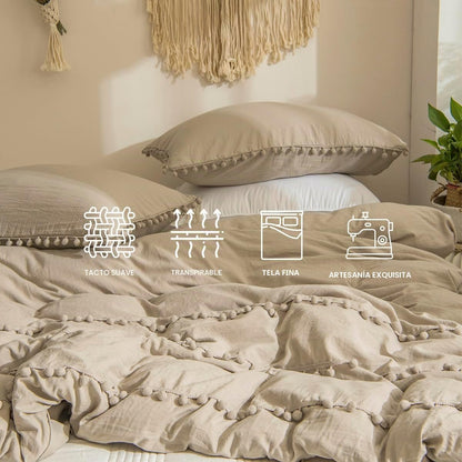 Conjunto de capa nórdica 135 x 200 cm, taupe conjunto de roupa de cama boho com franjas, pompom boémio em microfibra, macia com fronha de almofada e fecho de correr (Taupe, 135 x 200