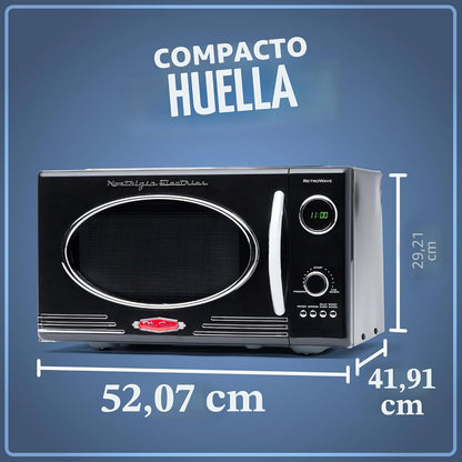 Nostalgia Microondas retro de bancada - grande potência de 800 watts - 25 litros - 12 programas de cozedura pré-estabelecidos - relógio digital - utensílios de cozinha - preto