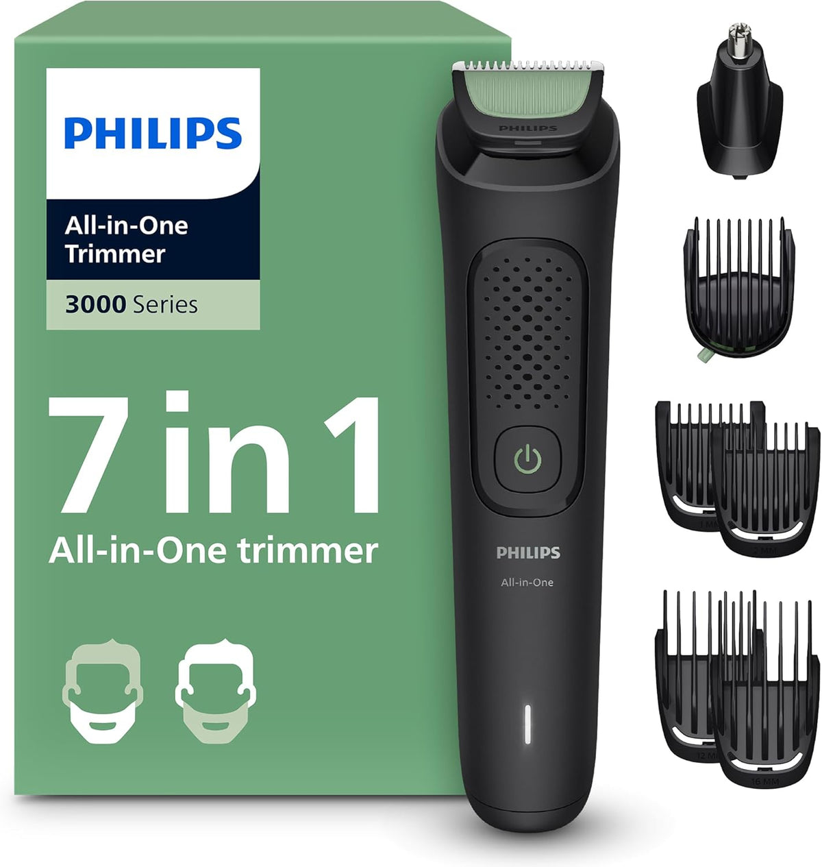 Philips Recortadora Todo En Uno series 3000, Kit 7 em 1, Aparador e corta-pelos para homem para rosto e cabelo, barba, lâminas autoafiáveis suaves com a pele, 10 comprimentos, MG3930/15