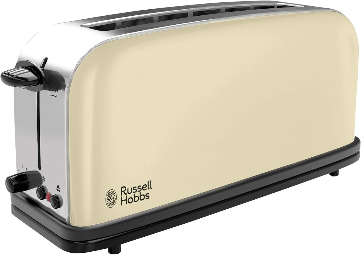 Russell Hobbs Torradeira Colours Plus - 1 Ranhura Longa e Larga para 2 Fatias, Bandeja Coletora de Migalhas, Aquecimento, Função Cancelar e Descongelar, Aço Inoxidável, Creme - 21395-56