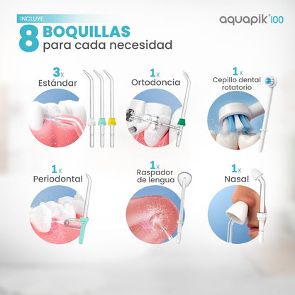 Irrigador dental de mesa Aquapik 100® – Limpeza bucal profunda com 10 níveis de pressão, 9 boquilhas, depósito de 600 ml, ideal para gengivas sensíveis, ortodontia, pontes e implantes. (Cinza)