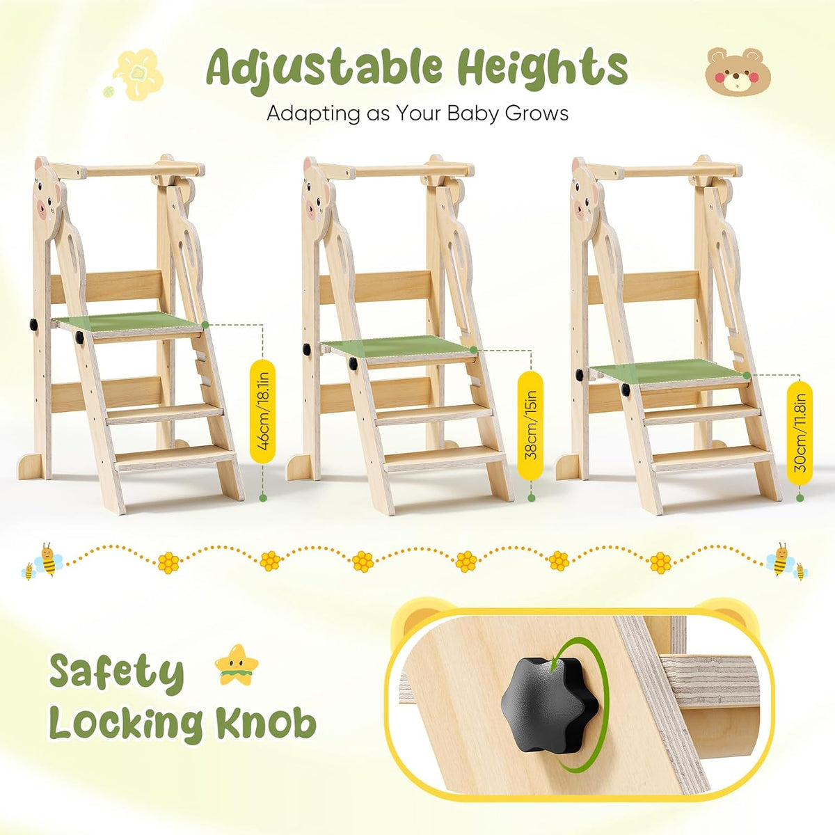 Torre de Aprendizagem Montessori Dobrável para Crianças – Altura Ajustável, 18 Meses a 6 Anos