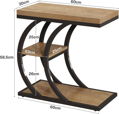 Tribesigns C-Shaped Side Table, 3-Tier Narrow Wood Bedside Table, Small Coffee Sofa Table with Storage for Living Room, Industrial Nightstand for Bedroom, Small Spaces, Natural (1)
