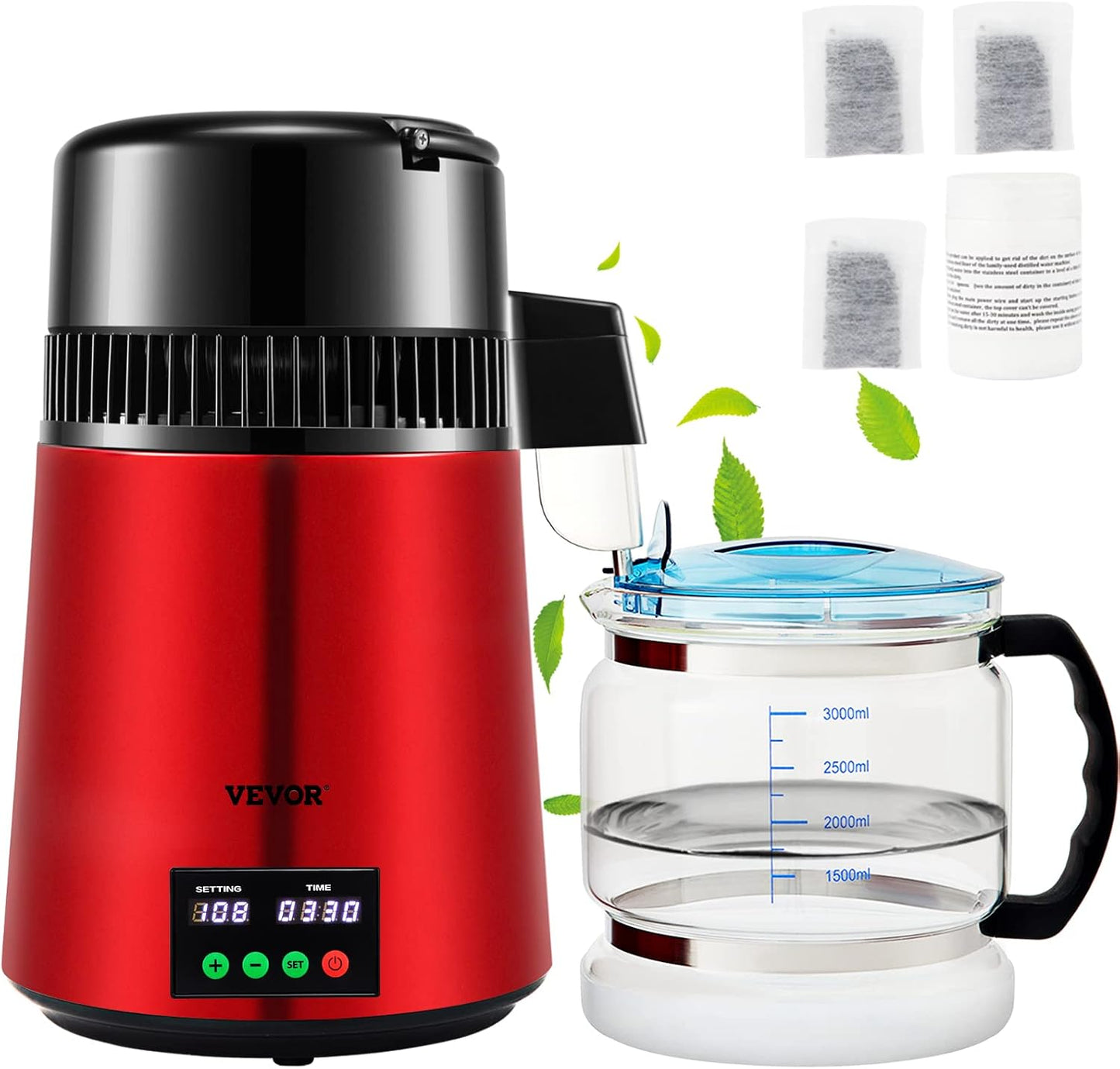 VEVOR Destilador de água 4 L filtro de destilação de água com recipiente de vidro 750 W 1 L/H