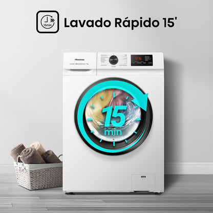 Hisense WFVB7012EM Máquina de lavar a vapor, carregamento frontal de 7 kg, 1200 rpm, 15 programas, controlo inteligente de oscilação de bateria, Display LED, programa rápido, branco [Classe energética D]