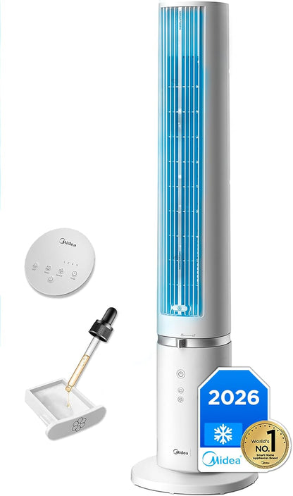 MIDEA Ventilador de torre de 4 velocidades com controlo remoto, ventilador de torre silencioso com oscilação de 90º - refrigerador de ar com temporizador - climatizador frio potente até 9 m - Fan