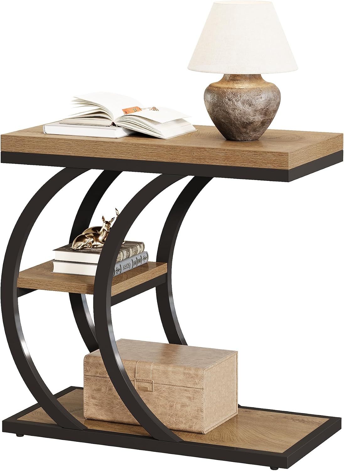 Tribesigns C-Shaped Side Table, 3-Tier Narrow Wood Bedside Table, Small Coffee Sofa Table with Storage for Living Room, Industrial Nightstand for Bedroom, Small Spaces, Natural (1)