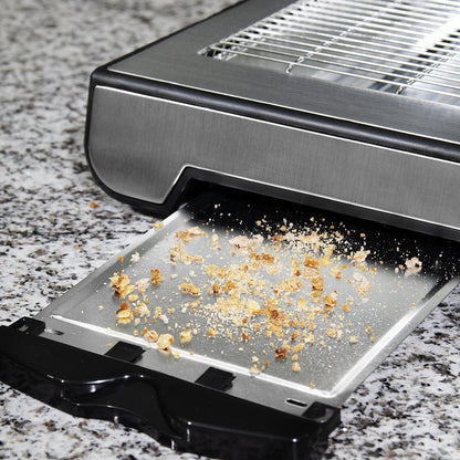 Cecotec Torradeira Plana Horizontal Turbo Easy Toast Inox. 900 W de Potência em 6 Níveis, 3 Resistências de Quartzo, Bandeja de Recolha de Migalhas, Orifício para Cabos, Acabamento em Aço Inoxidável