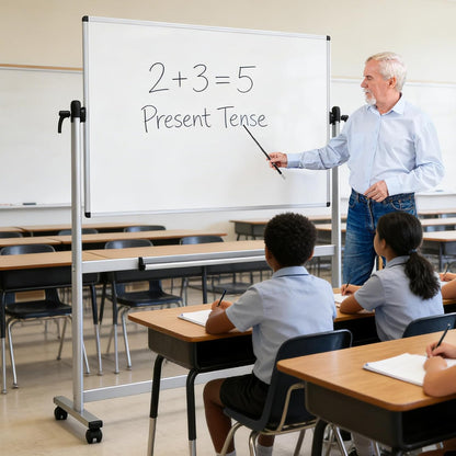 VIZ-PRO Quadro branco móvel magnético de dupla face, 120 x 90 cm, com rodas e moldura de alumínio, para escritório e sala de aula | Armação de alumínio, rotação de 360°, ideal para escritório, escola e casa
