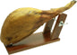 Jamonero modelo de reserva, suporte para presunto e palhetas fixo feito em madeira de pinho cor nogueira, antiderrapante