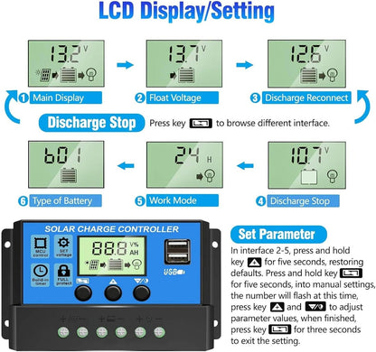 Controlador de carregamento solar PWM de 30A [Atualizado], regulador de placa solar de 12V/24V com ecrã LCD ajustável, porta USB dupla, configuração do temporizador, parâmetro automático
