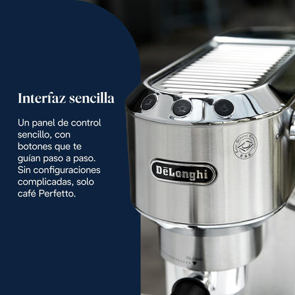 (recondicionado)De'Longhi Dedica - Cafeteira de Bomba de Aço Inoxidável para Café Moído ou Monodose, Cafeteira para Espresso e Cappuccino, Depósito de 1,3 Litros, Sistema Anti-gotejamento, EC685.M, Metal [Classe energética A]
